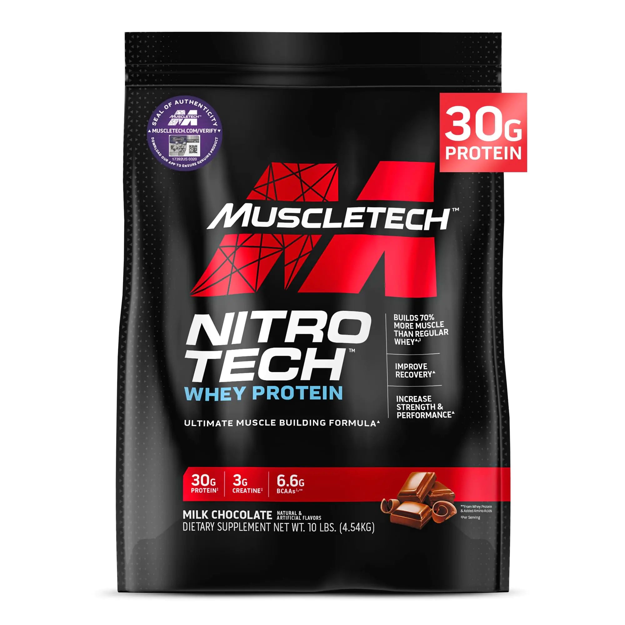 Muscletech Whey Protein Powder (Milk Chocolate 10 Pound) - Nitro-Tech Muscle Building Formula with Whey Protein Isolate & Peptides - 30g of Protein 3g of Creatine & 6.6g of BCAA
